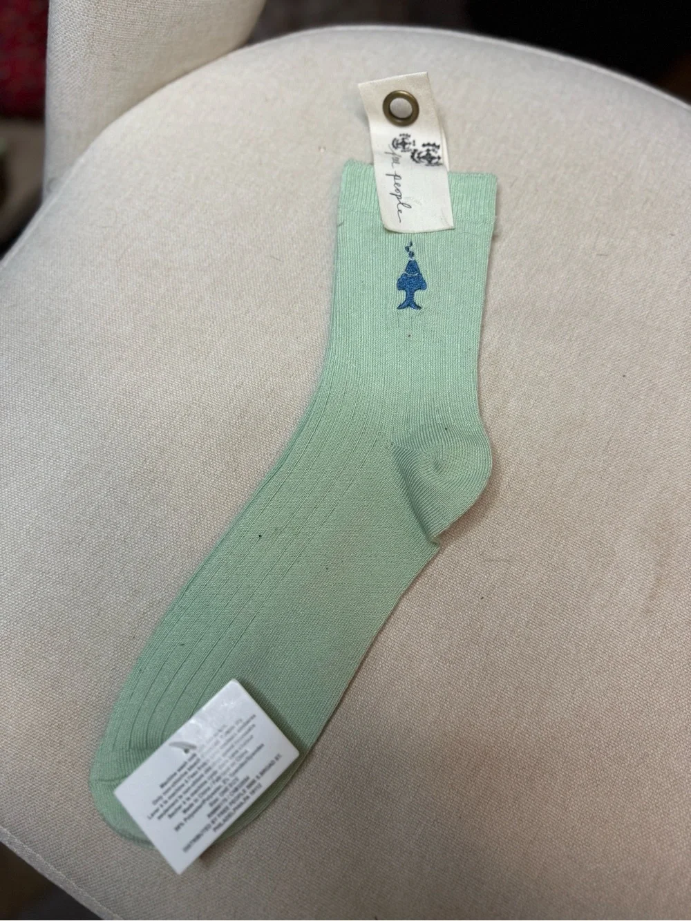 Free People Embroidered Fish Light Green Crew Socks NWT